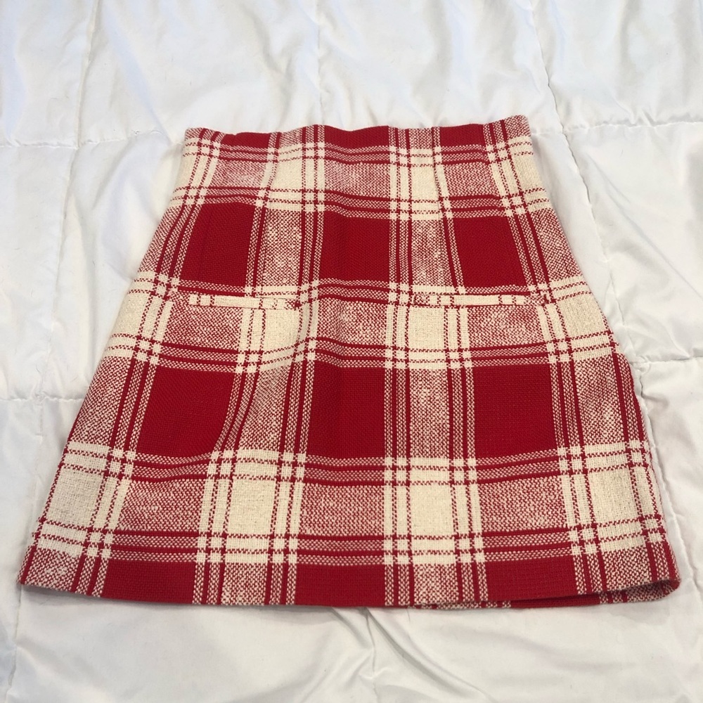 NWT Zara Red & White High Rise Textured Weave Plaid Mini Skirt - Picture 9 of 12